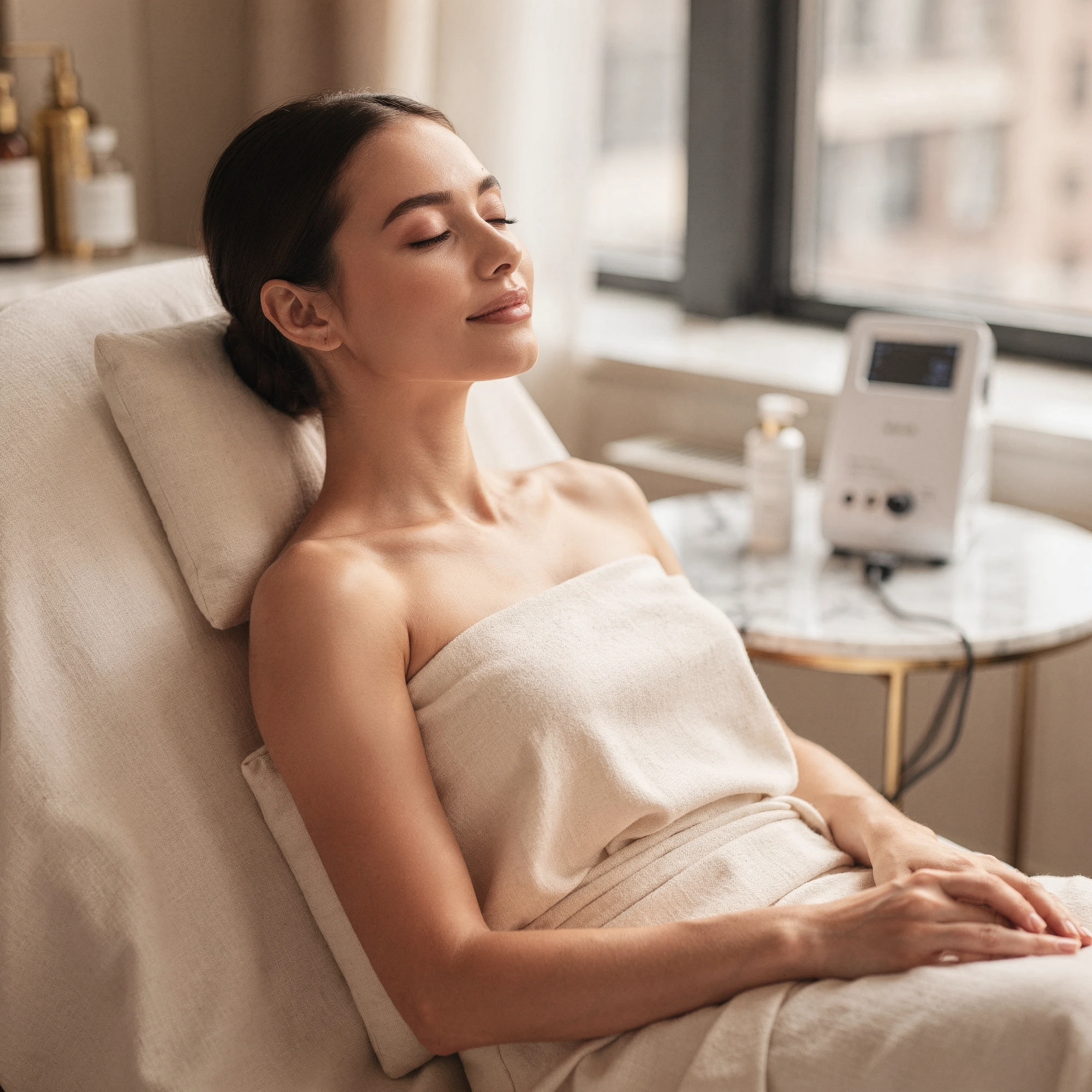 Patient relaxing in treatment chair during laser skin resurfacing consultation in Chelsea practice
